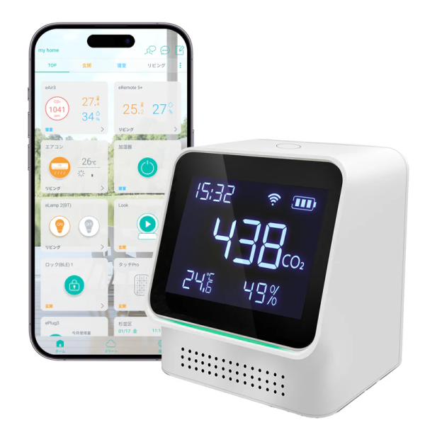 CO2 �Z���T�[ eAir3 �f�W�^�� �����x�v ��_���Y�f�Z�x�v ���C�����X �[�d�� �Ή� �����x NDIR���� �X�}�z�A�� LCD��� ���v�@�\ Wi-Fi